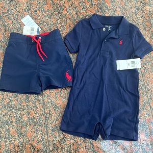 NWT: Ralph Lauren 12 mos romper and swim shorts - Navy Newborn baby Boy Gift
